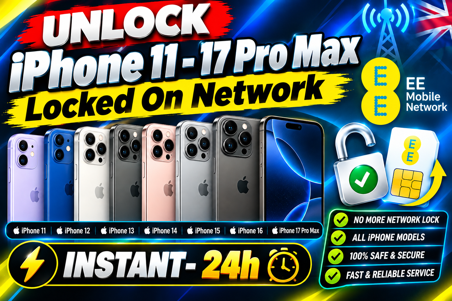 Unlock iPhone 11 - 17 Pro Max Locked On Network EE ( Instant- 24h )